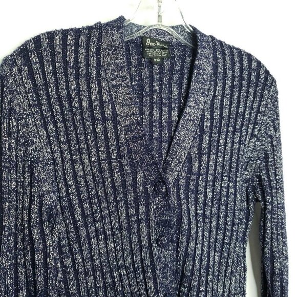 Vintage Wool Ribbed Cardigan Sweater S Navy Blue Silver Metallic Preppy Varsity - Picture 3 of 5
